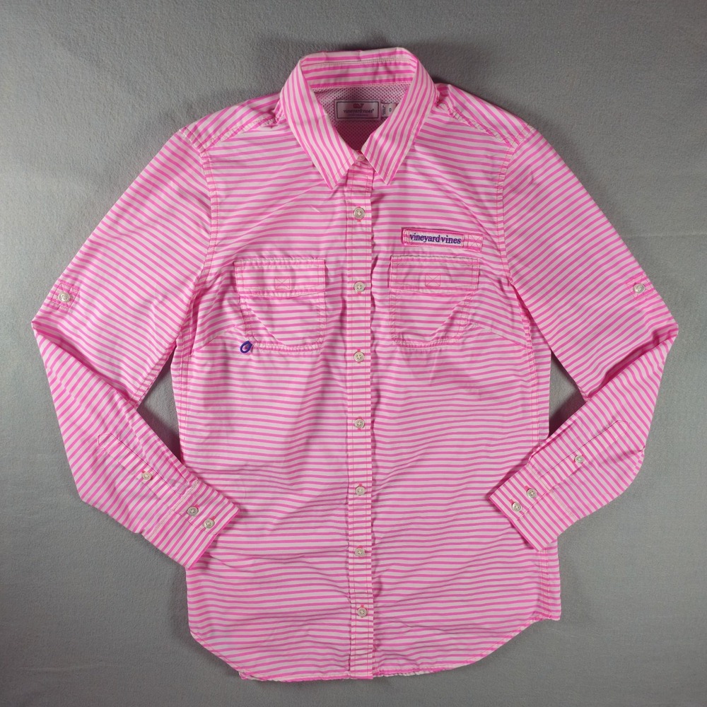 Vineyard Vines Performance Shirt Womens 0 Pink White Stripe Nylon Fishing Button